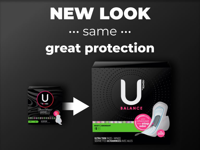 U by Kotex® Cleanwear -> Balance serviettes ultra-minces au charbon avec ailes, absorption élevée - nouveau design